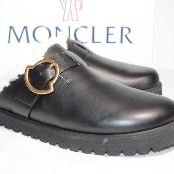 NWB Moncler Bell Mule Faux Shearling Lined Mules Flats Slip Ons Black Leather 41 - Picture 5 of 10